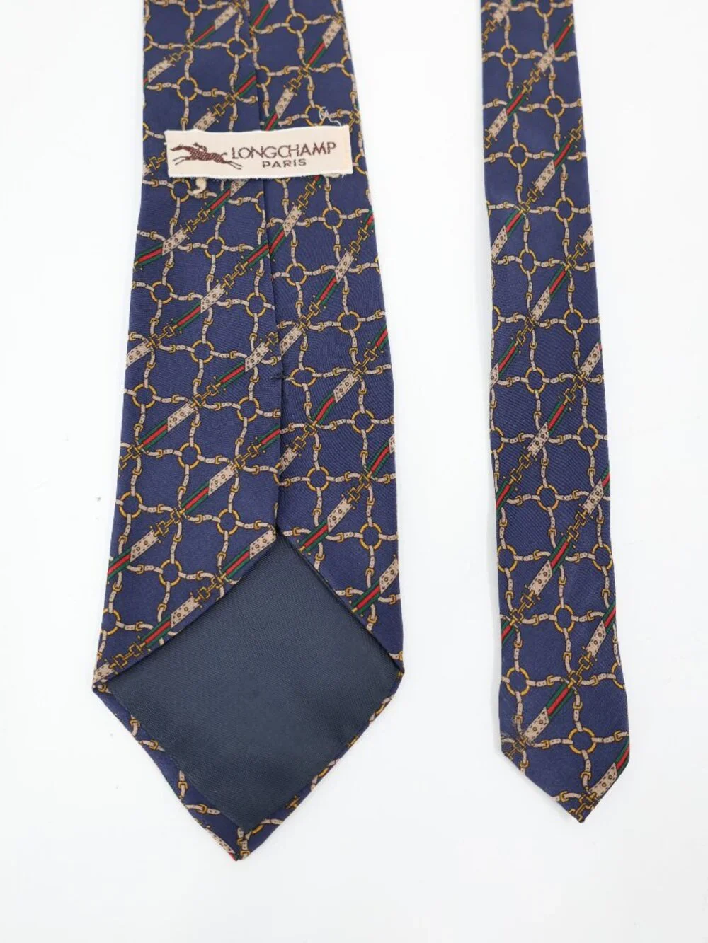 Vintage Longchamp Paris Tie Mens w3.5 L56 Equestrian Silk horse bit pattern